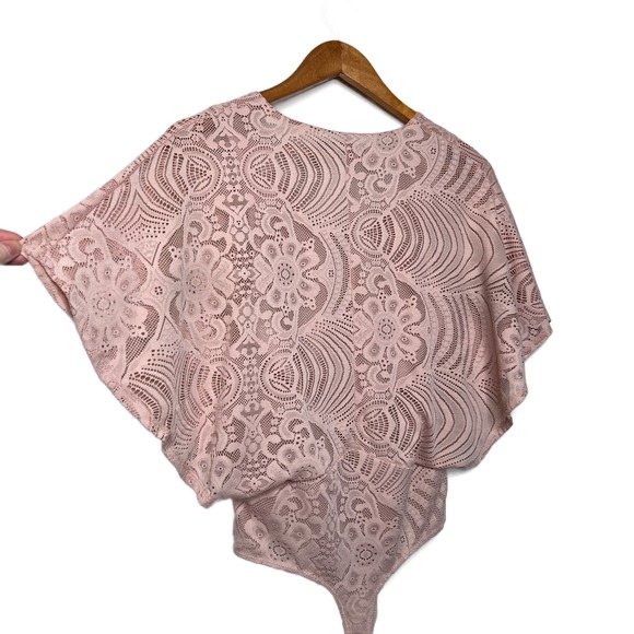 BCBGMAXAZRIA Womens Pink Lace Floral Overlay V Neck Bodysuit Butterfly Sleeve - Picture 14 of 16
